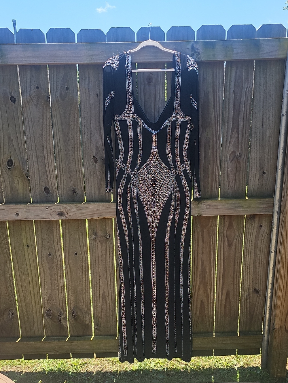 Black Beaded Long Sleeve Evening Gown